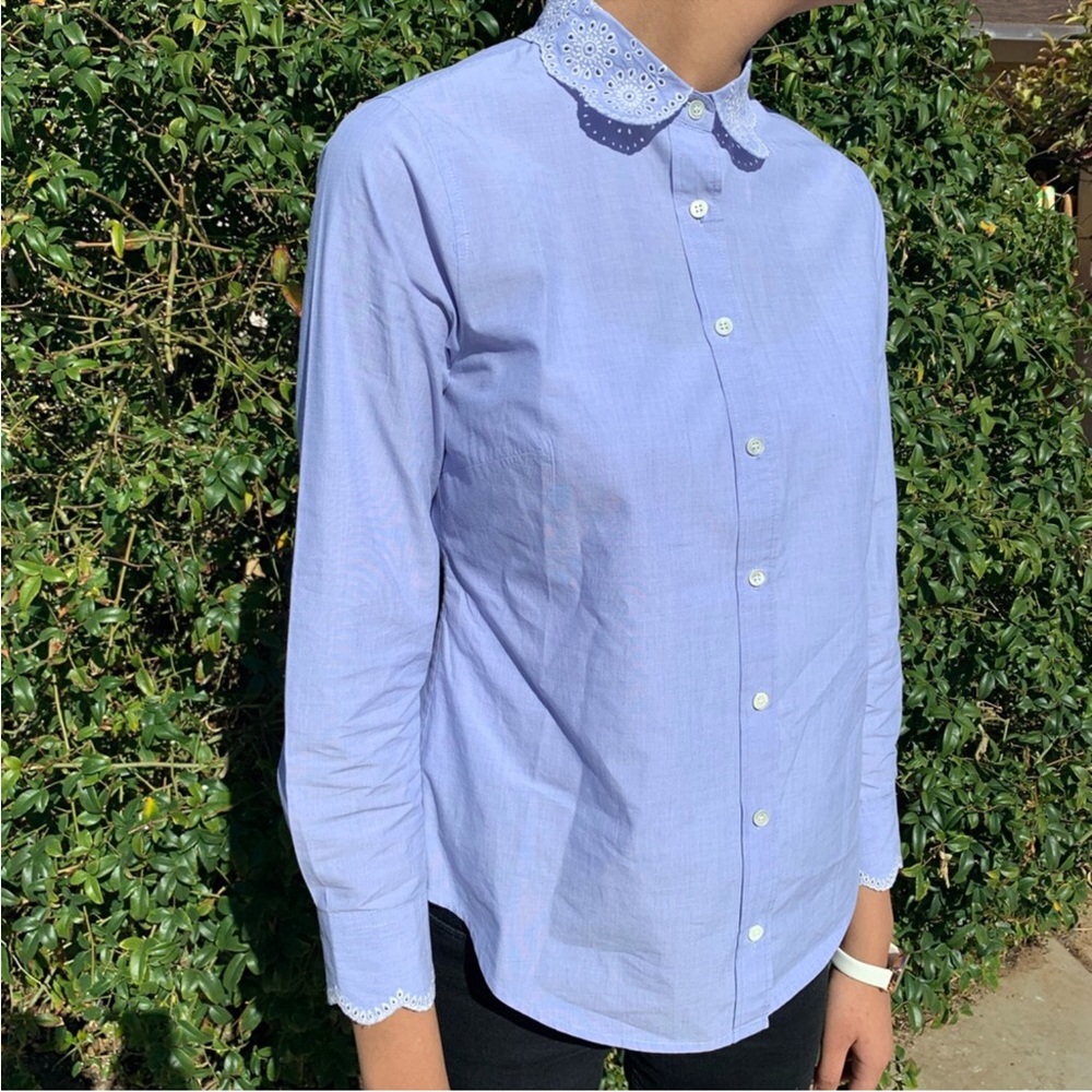 J.Crew Embroidered Button Down Blue Shirt Size 2